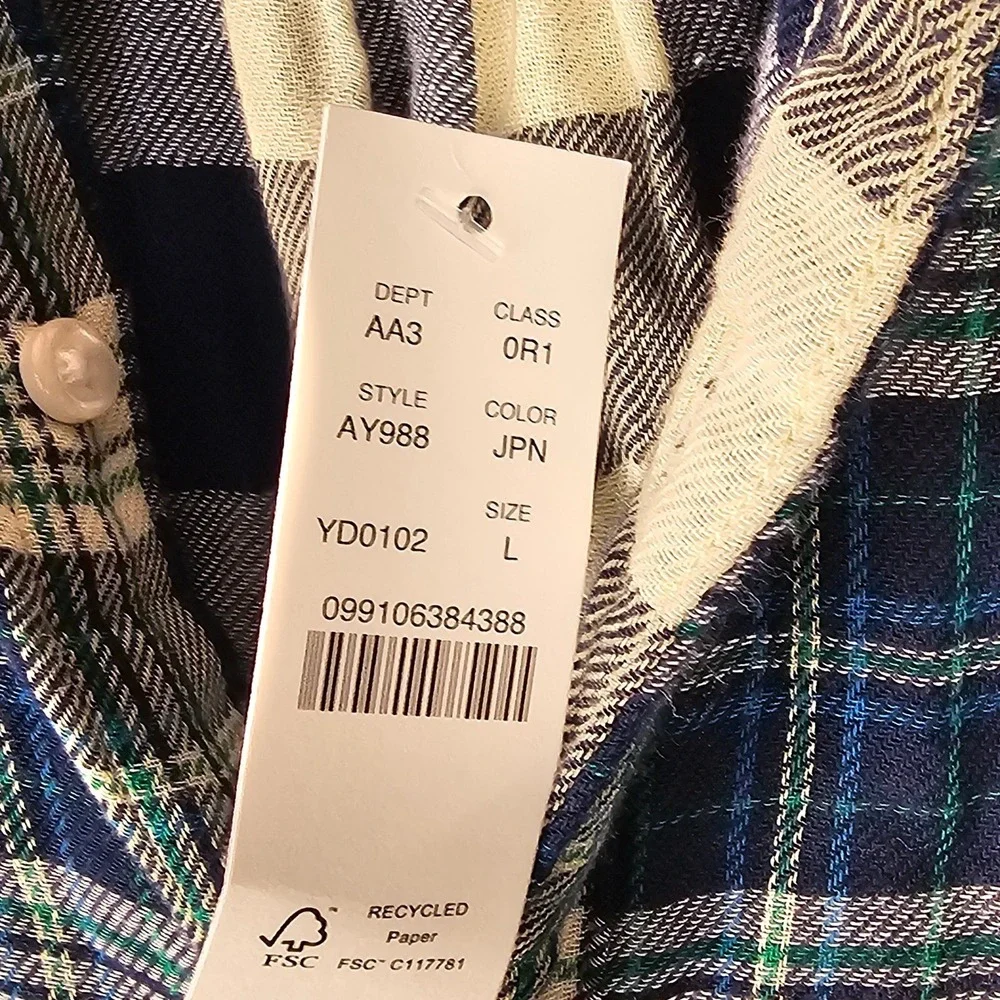 NWT J Crew Mens Navy Green Plaid Double Weave‎ Flannel Shirt Large Slim